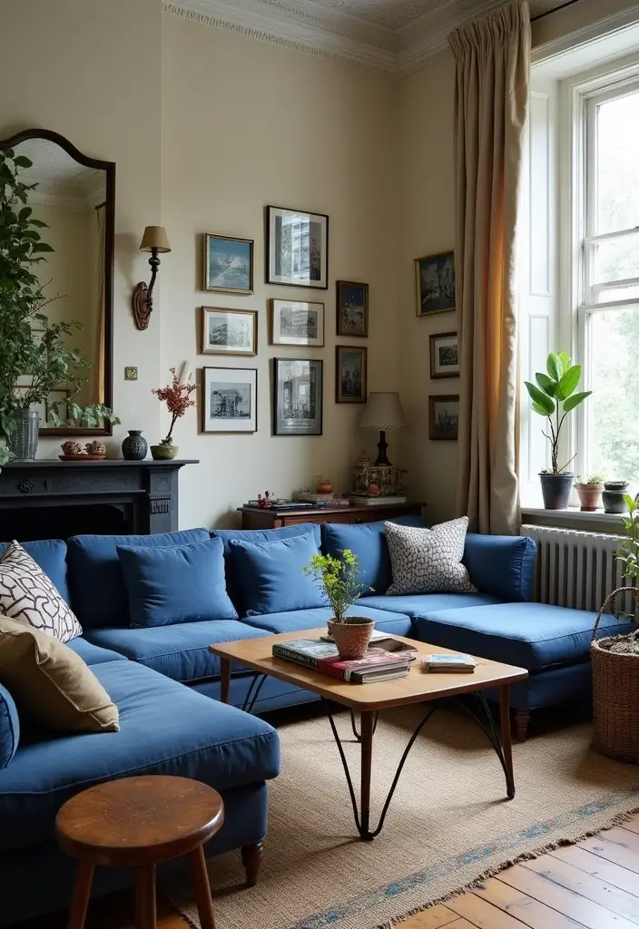 30 Navy Blue Living Room Decor Ideas - 25. Vintage Finds 1