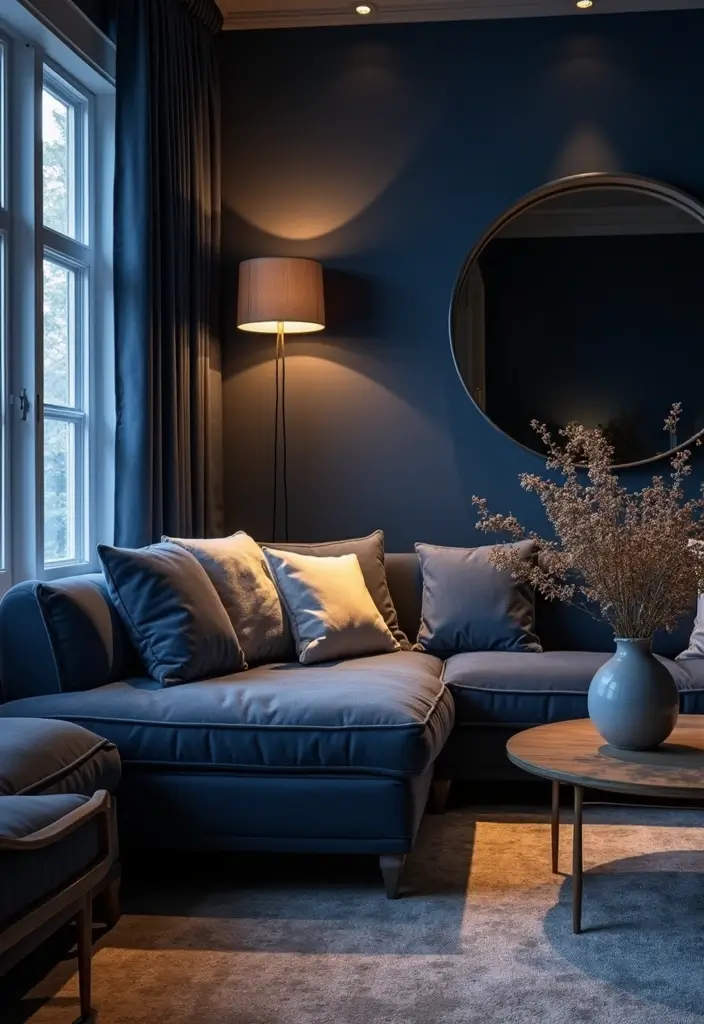 30 Navy Blue Living Room Decor Ideas - 26. Layered Lighting 1