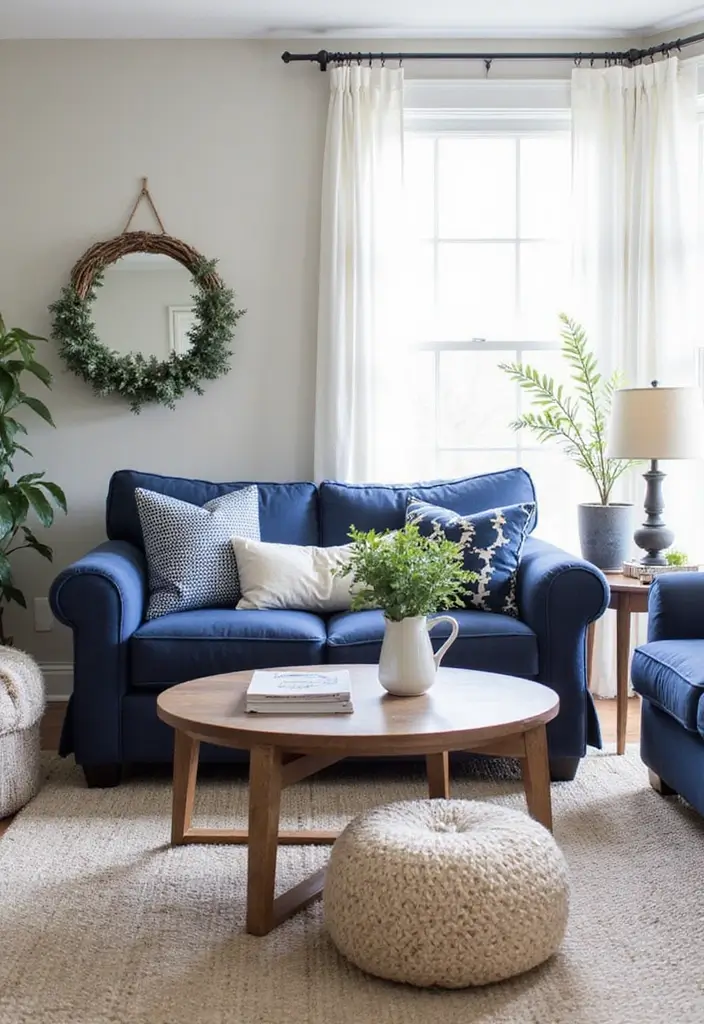 30 Navy Blue Living Room Decor Ideas - 30. Seasonal Decor Swaps 1