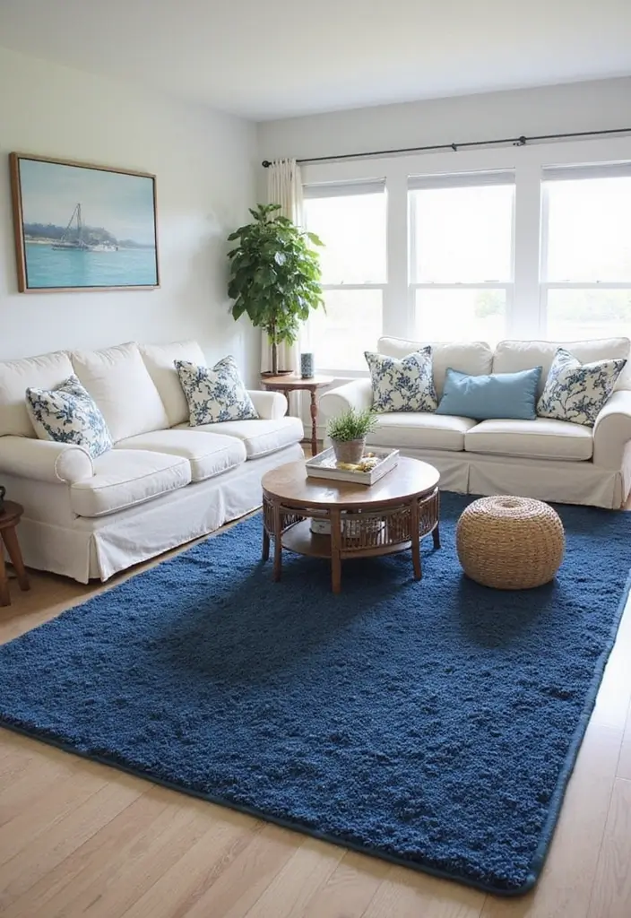 30 Navy Blue Living Room Decor Ideas - 4. Textured Rugs 1