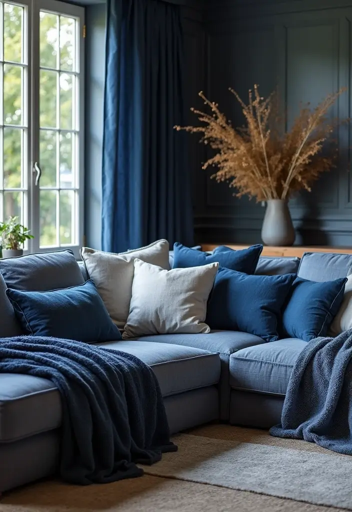 30 Navy Blue Living Room Decor Ideas - 8. Layered Textiles 1