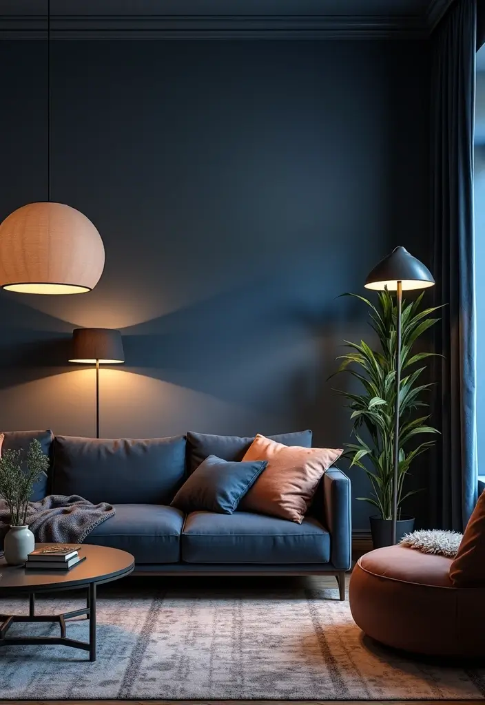 30 Navy Blue Living Room Decor Ideas - 9. Play with Lighting 1