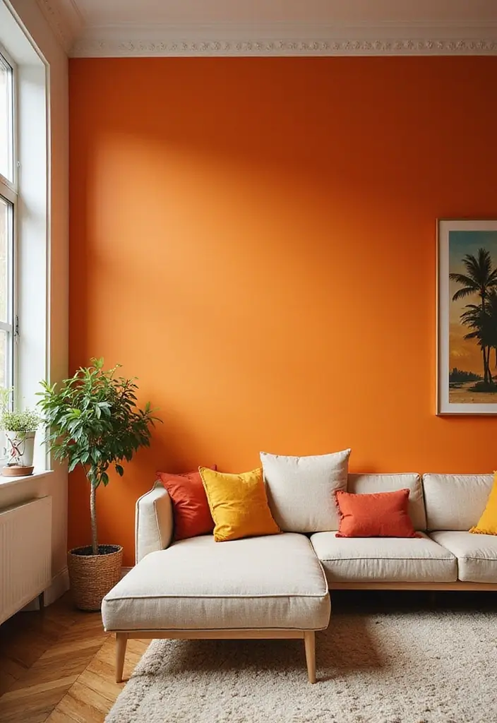 30 Orange Living Room Decor Ideas for Vibrant Homes - 1. Bright Orange Accent Wall 1