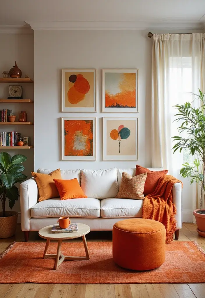30 Orange Living Room Decor Ideas for Vibrant Homes - 12. Orange Wall Decor 1