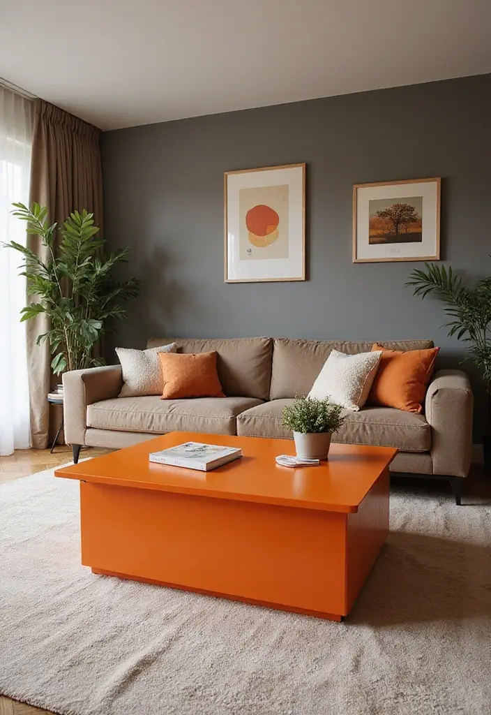 30 Orange Living Room Decor Ideas for Vibrant Homes - 14. Orange Coffee Table 1