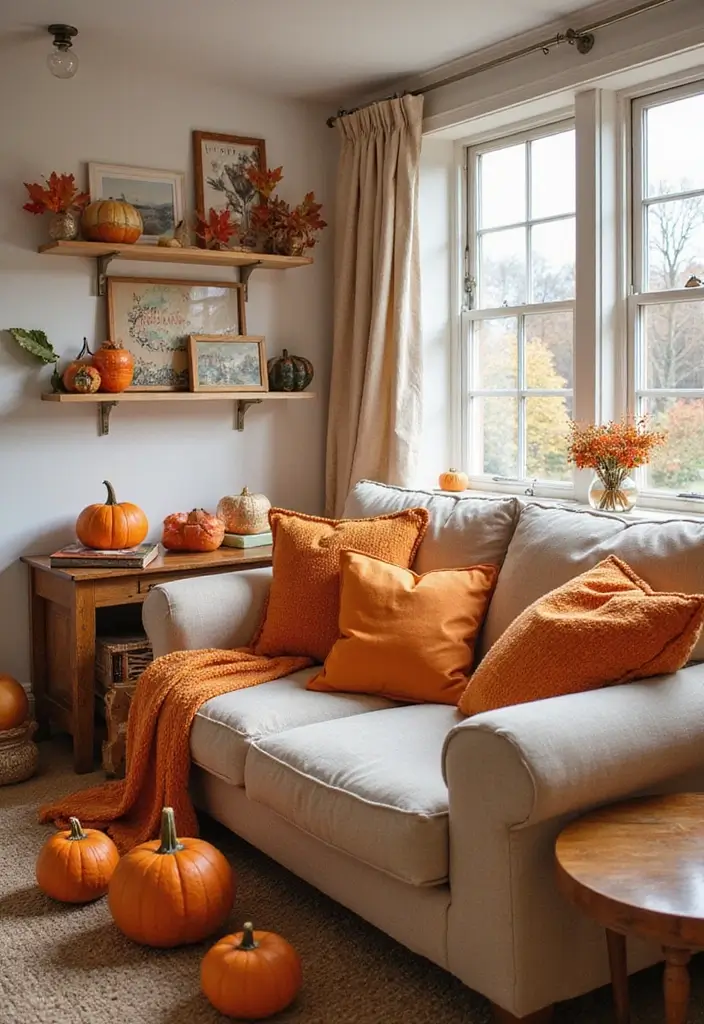 30 Orange Living Room Decor Ideas for Vibrant Homes - 15. Orange Seasonal Decor 1