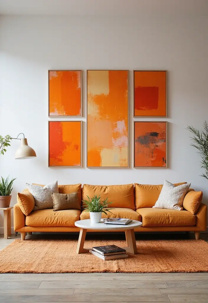 30 Orange Living Room Decor Ideas for Vibrant Homes - 16. Orange Paintings or Prints 1