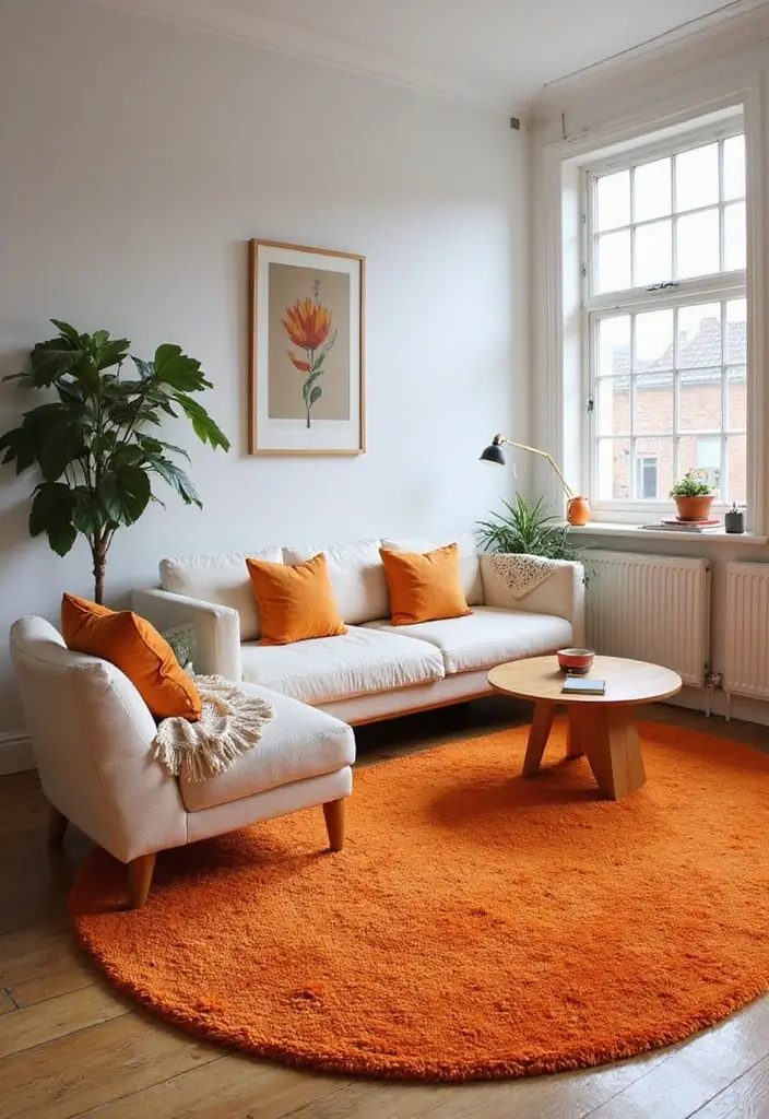 30 Orange Living Room Decor Ideas for Vibrant Homes - 17. Orange Throw Rugs 1