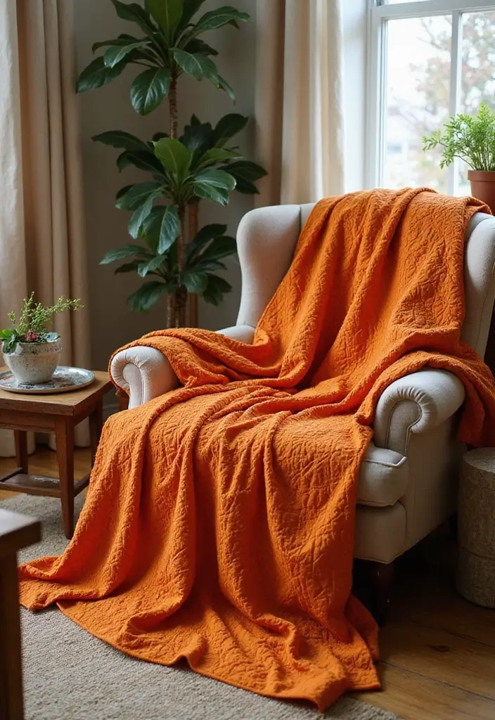 30 Orange Living Room Decor Ideas for Vibrant Homes - 19. Orange Quilts or Bedspreads 1
