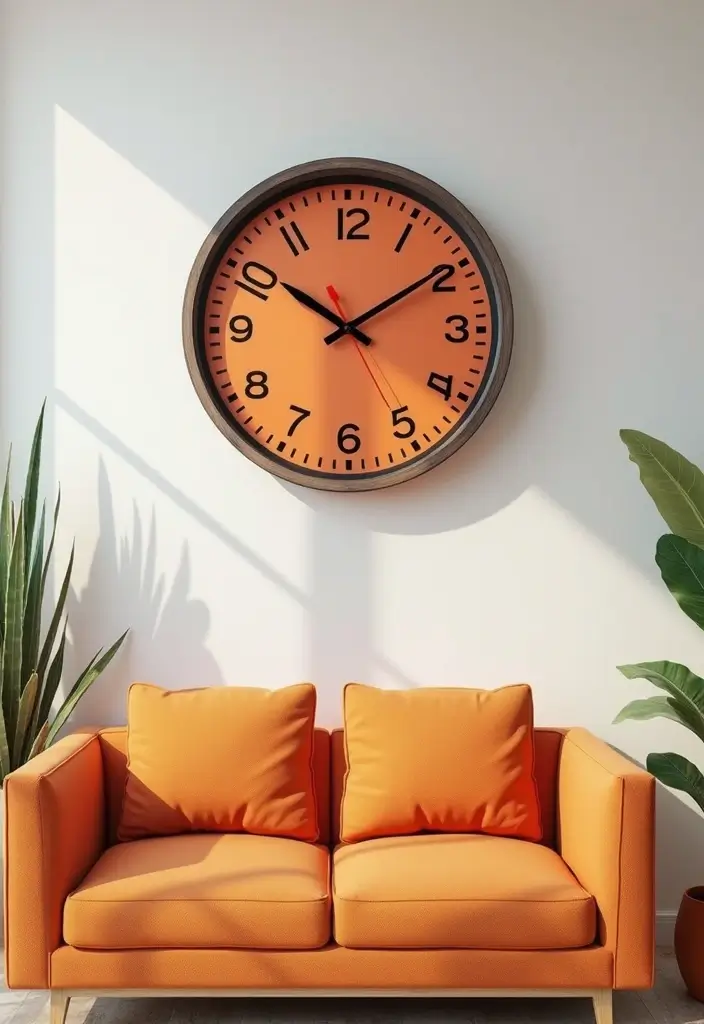 30 Orange Living Room Decor Ideas for Vibrant Homes - 20. Orange Wall Clocks 1