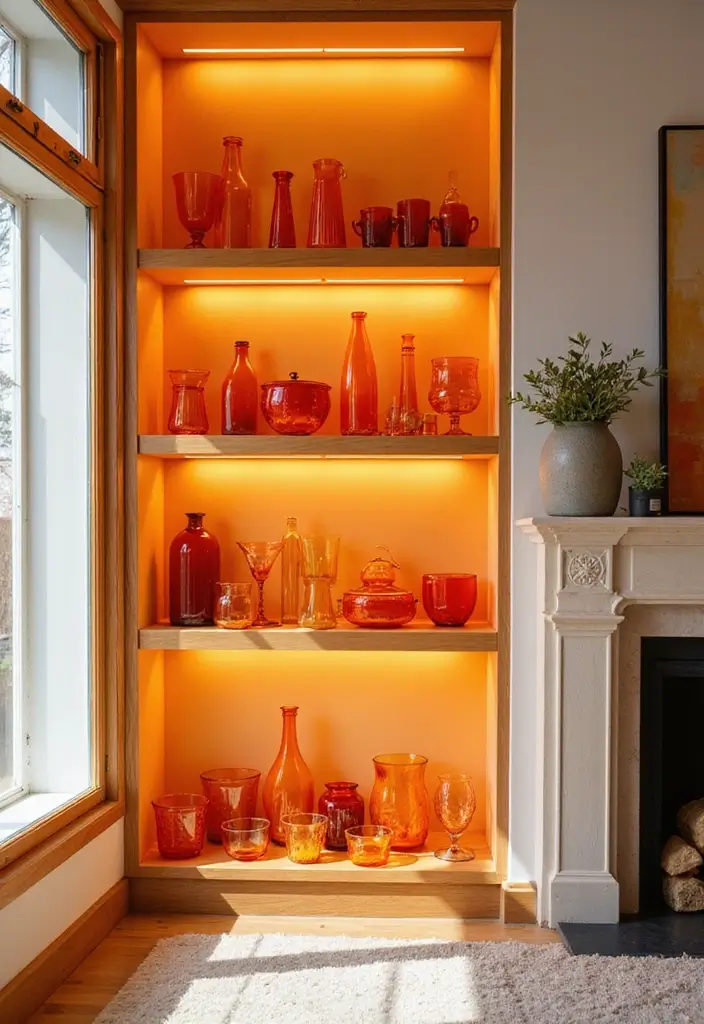 30 Orange Living Room Decor Ideas for Vibrant Homes - 22. Orange Glassware 1
