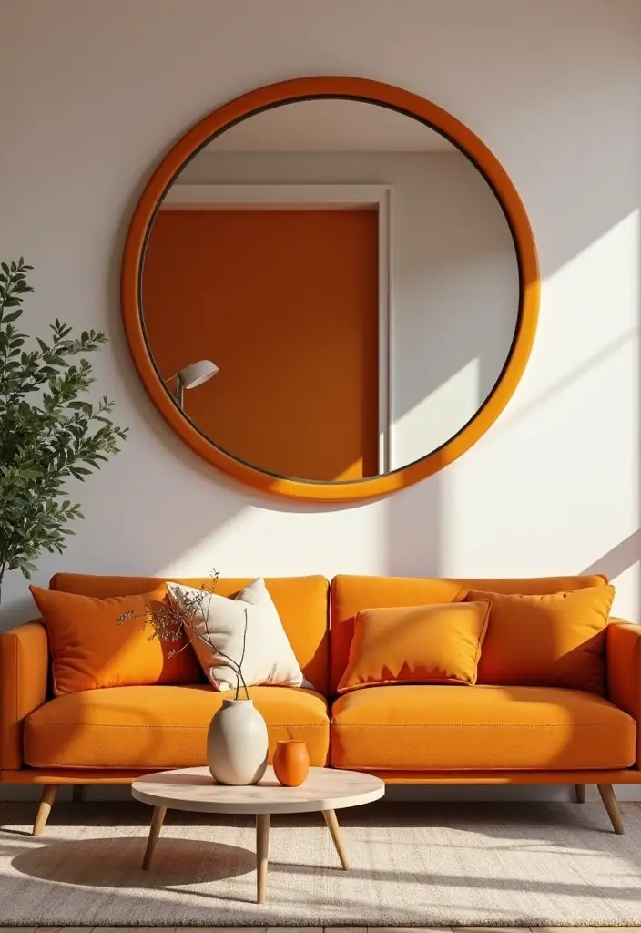 30 Orange Living Room Decor Ideas for Vibrant Homes - 23. Orange Wall Mirrors 1