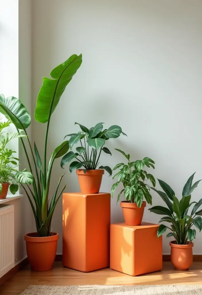 30 Orange Living Room Decor Ideas for Vibrant Homes - 24. Orange Plant Stands 1