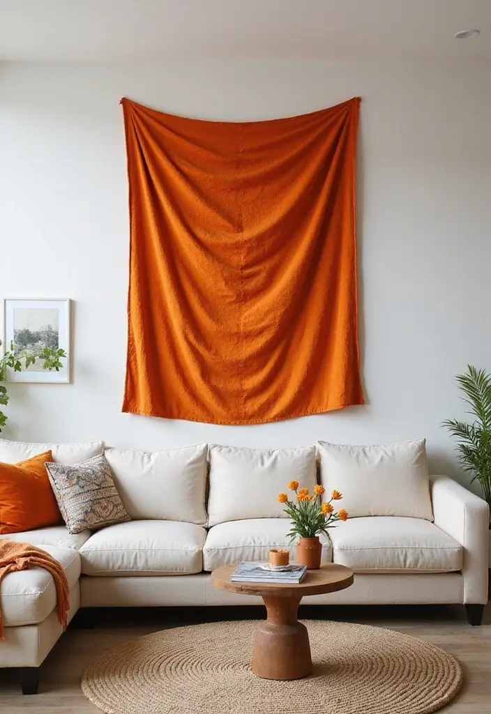 30 Orange Living Room Decor Ideas for Vibrant Homes - 25. Orange Throws as Wall Art 1