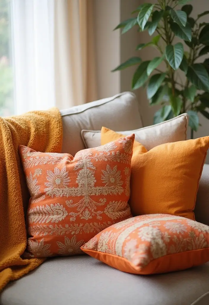 30 Orange Living Room Decor Ideas for Vibrant Homes - 26. Orange Throw Pillows with Patterns 1