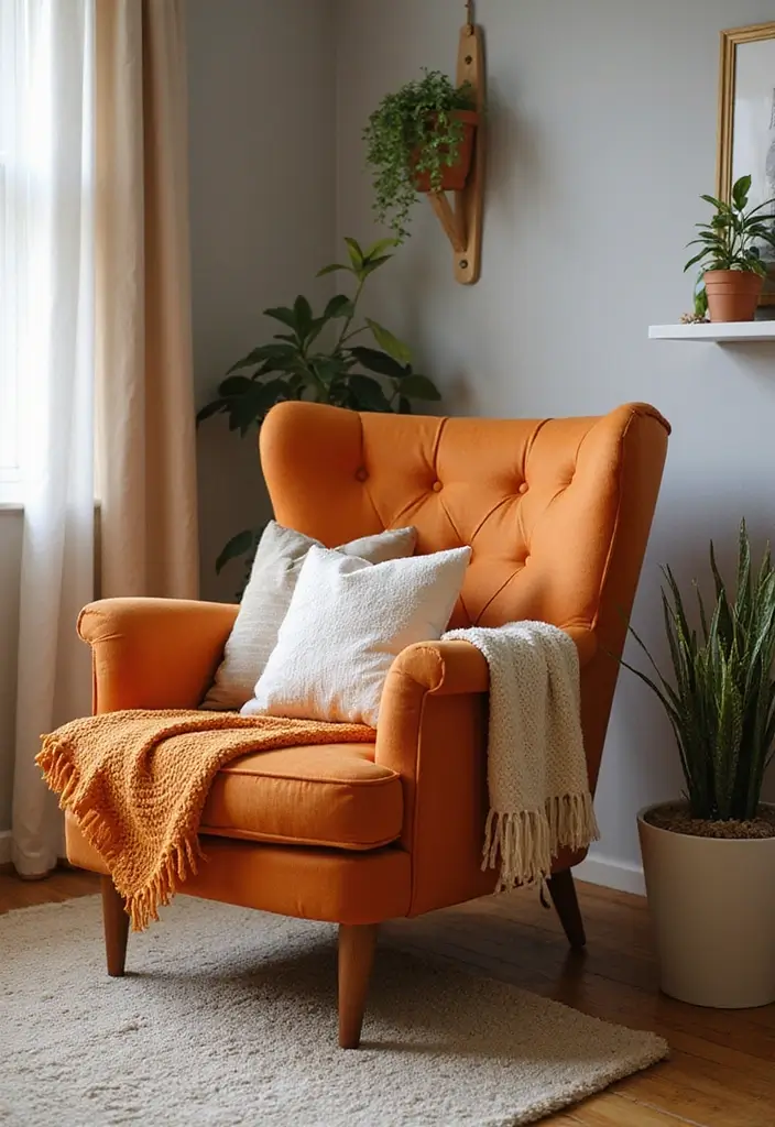 30 Orange Living Room Decor Ideas for Vibrant Homes - 29. Orange Cozy Corner 1