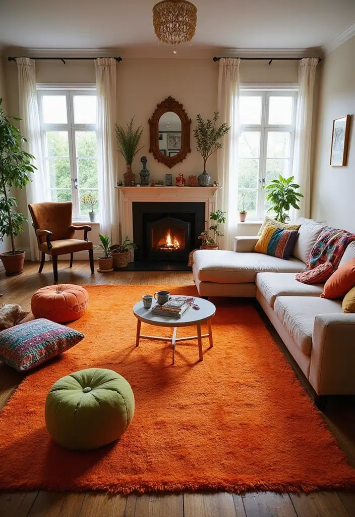 30 Orange Living Room Decor Ideas for Vibrant Homes - 3. Orange Area Rug 1