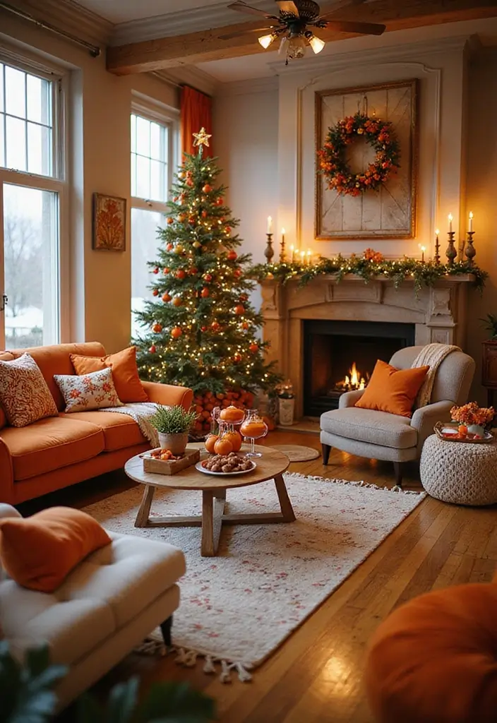 30 Orange Living Room Decor Ideas for Vibrant Homes - 30. Orange-Themed Holiday Decor 1