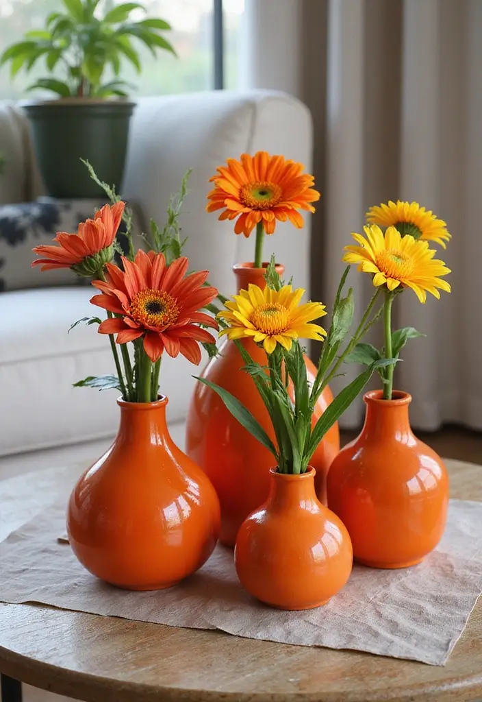 30 Orange Living Room Decor Ideas for Vibrant Homes - 7. Orange Decorative Vases 1
