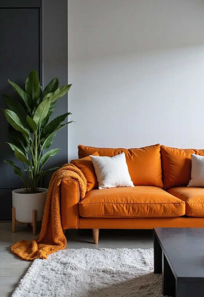 30 Orange and Grey Living Room Decor Ideas - 1. Statement Orange Sofa 1