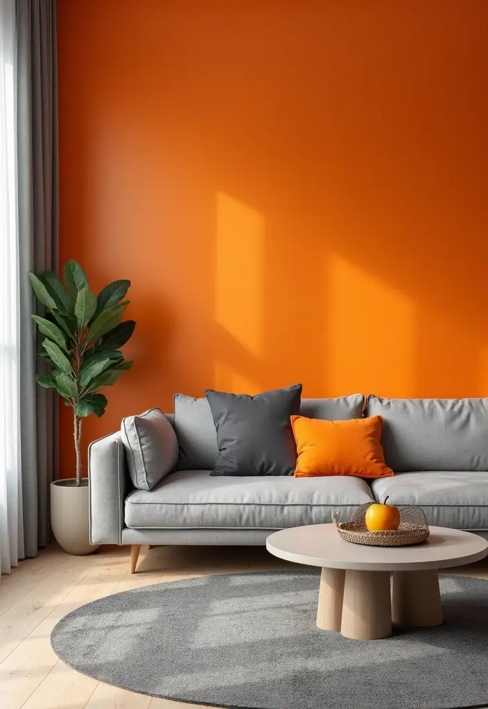 30 Orange and Grey Living Room Decor Ideas - 10. Orange Accent Walls 1
