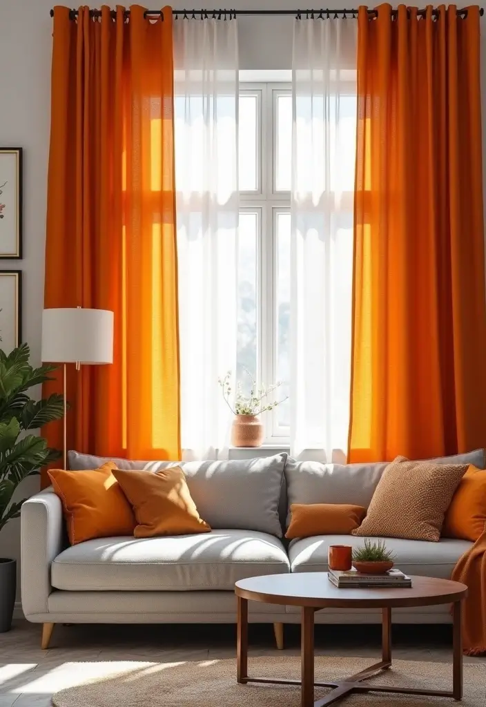 30 Orange and Grey Living Room Decor Ideas - 11. Orange Window Treatments 1