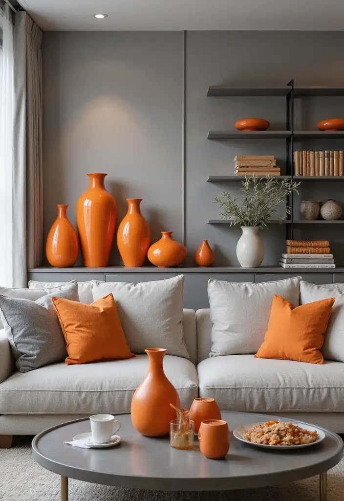 30 Orange and Grey Living Room Decor Ideas - 12. Orange Decorative Vases 1