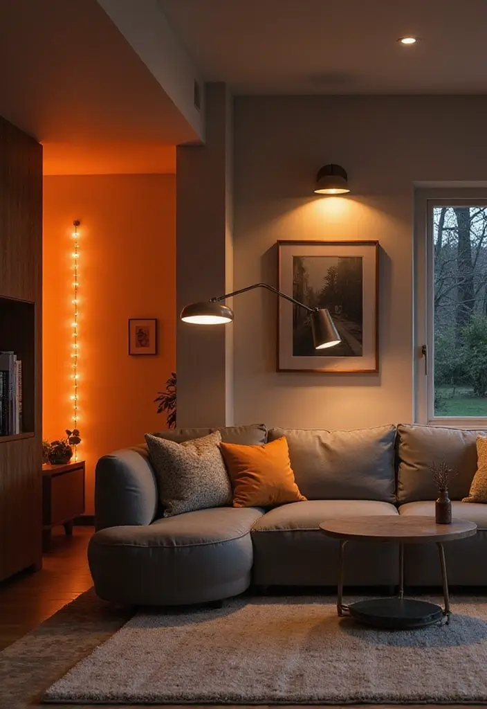 30 Orange and Grey Living Room Decor Ideas - 13. Orange Accent Lighting 1