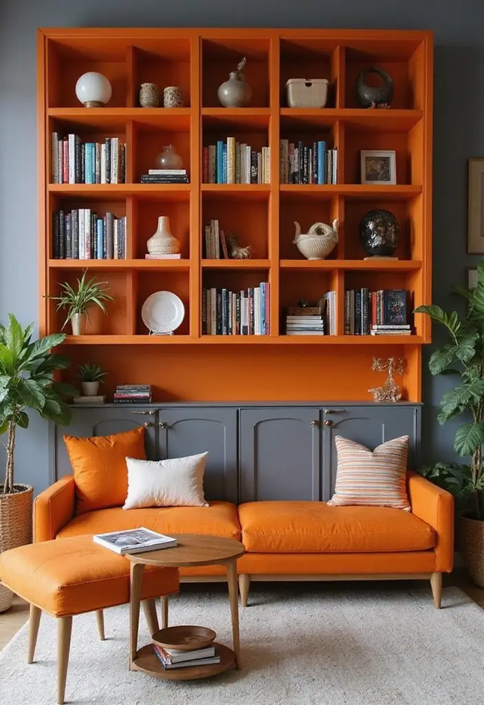 30 Orange and Grey Living Room Decor Ideas - 14. Orange Bookshelves 1