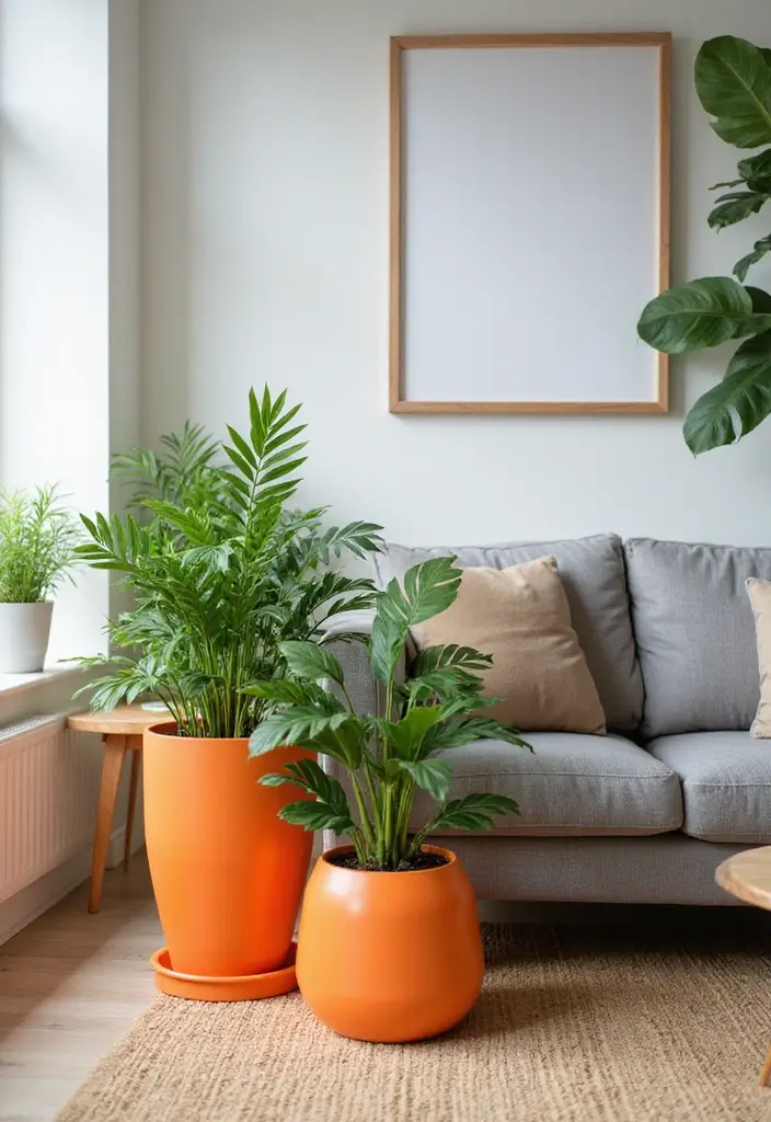 30 Orange and Grey Living Room Decor Ideas - 16. Orange Planters 1