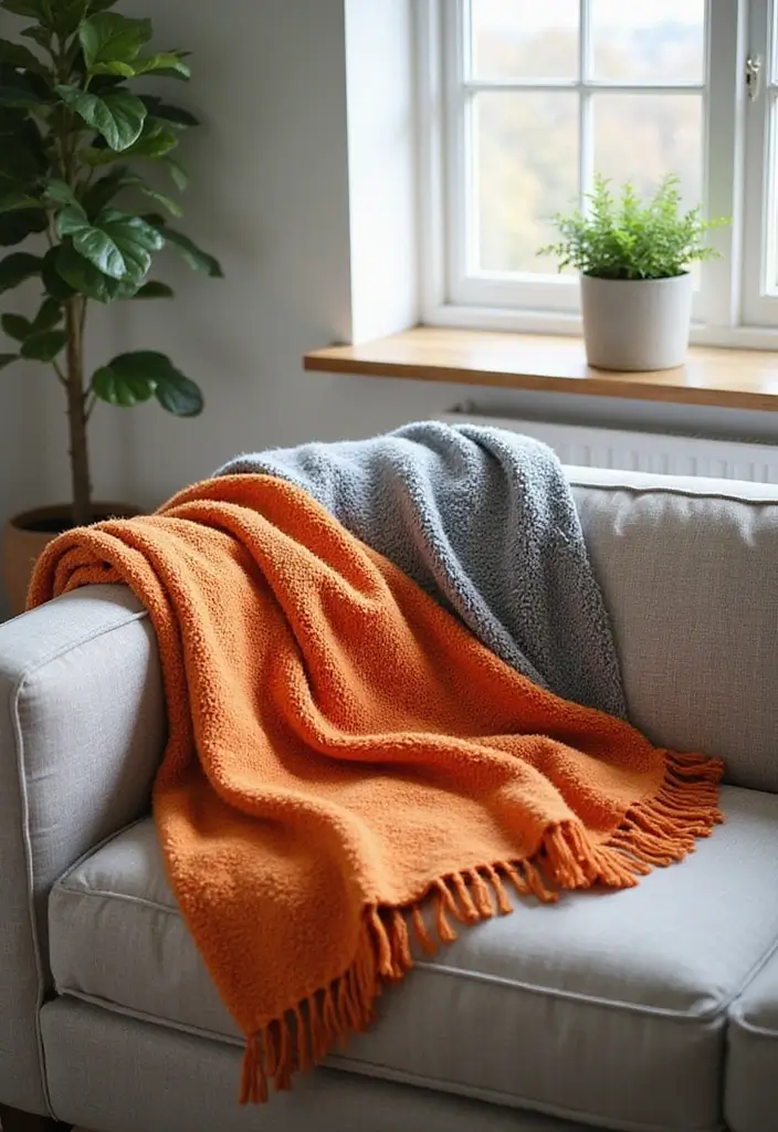 30 Orange and Grey Living Room Decor Ideas - 17. Orange and Grey Throw Blankets 1