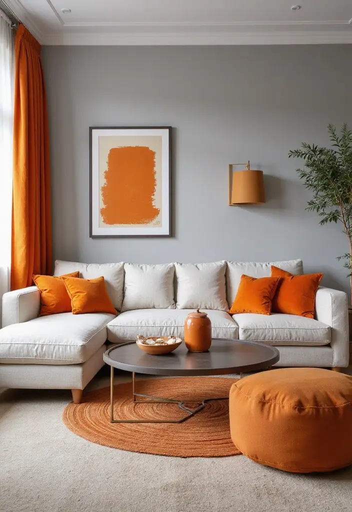 30 Orange and Grey Living Room Decor Ideas - 2. Grey Walls with Orange Accents 1