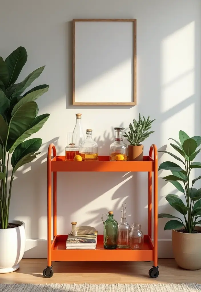 30 Orange and Grey Living Room Decor Ideas - 21. Orange Bar Carts 1
