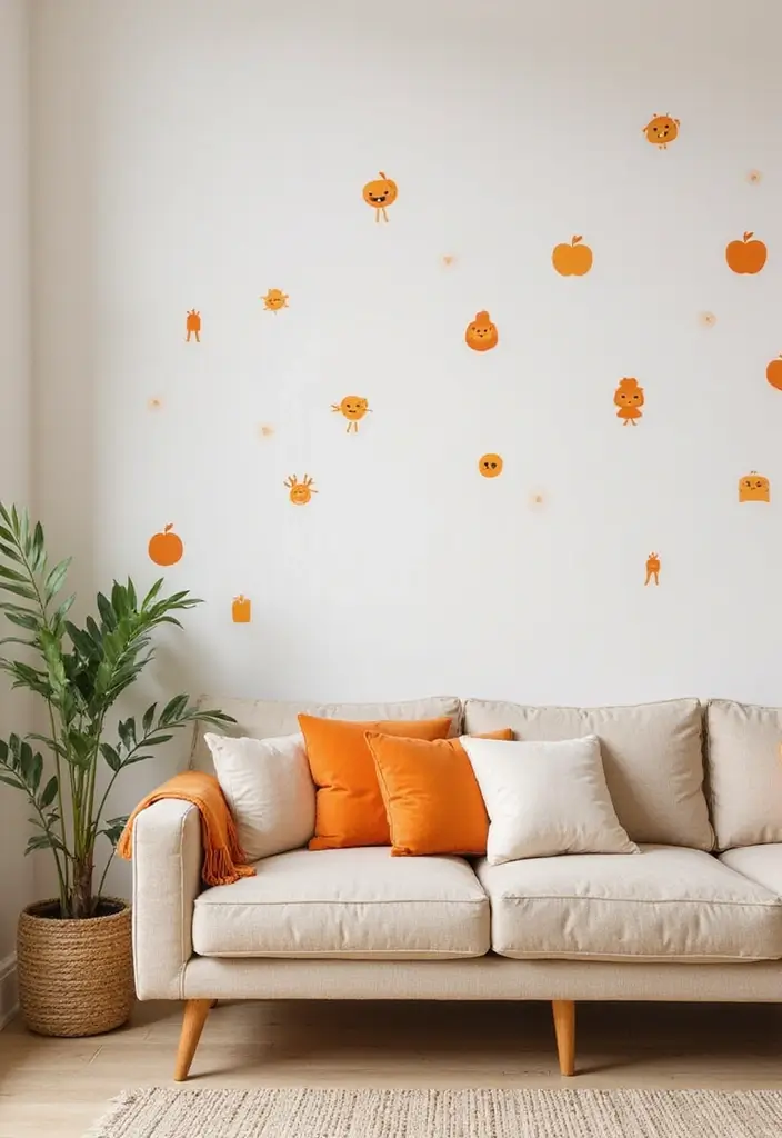 30 Orange and Grey Living Room Decor Ideas - 22. Orange Accent Wall Decals 1