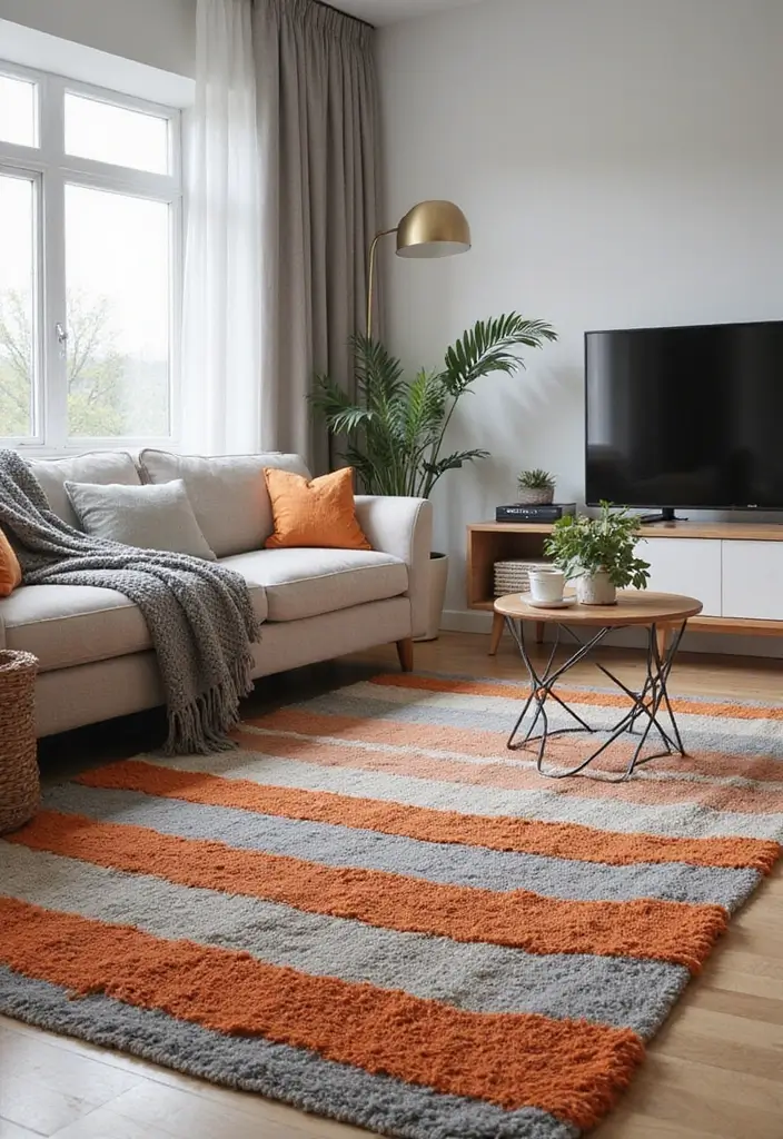 30 Orange and Grey Living Room Decor Ideas - 23. Orange and Grey Throw Rugs 1