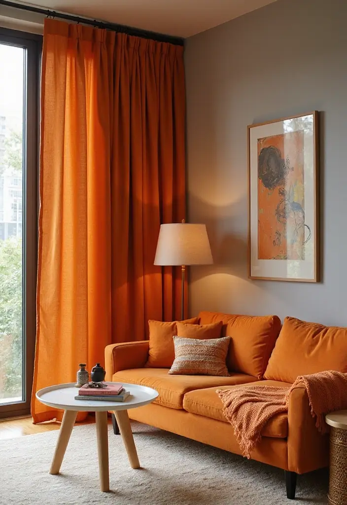 30 Orange and Grey Living Room Decor Ideas - 24. Orange Fabric Panels 1
