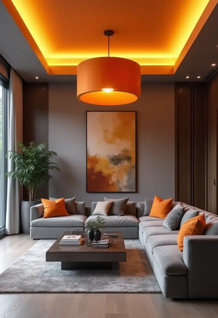 30 Orange and Grey Living Room Decor Ideas - 25. Orange Ceiling Fixtures 1