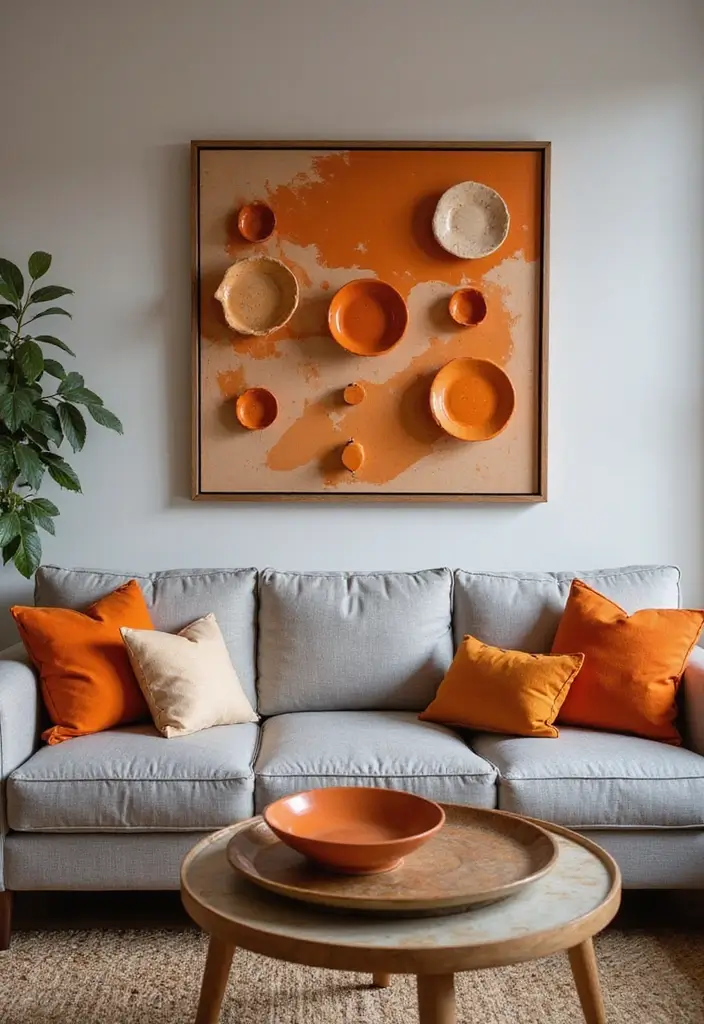 30 Orange and Grey Living Room Decor Ideas - 26. Orange Accent Ceramics 1