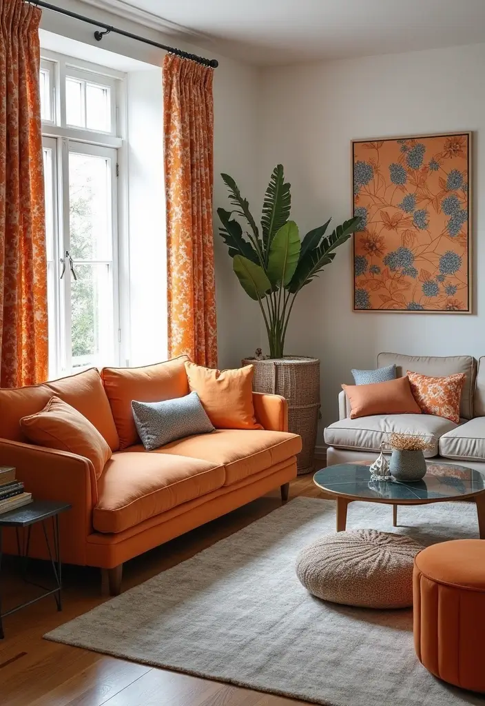 30 Orange and Grey Living Room Decor Ideas - 27. Orange and Grey Printed Fabrics 1