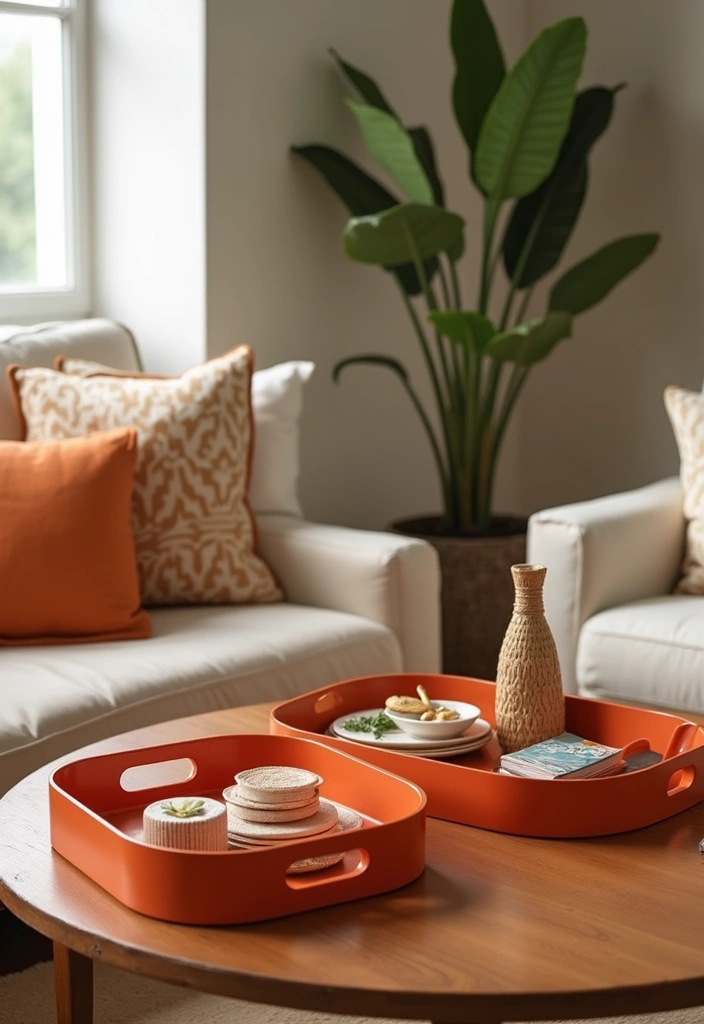 30 Orange and Grey Living Room Decor Ideas - 28. Orange Decorative Trays 1