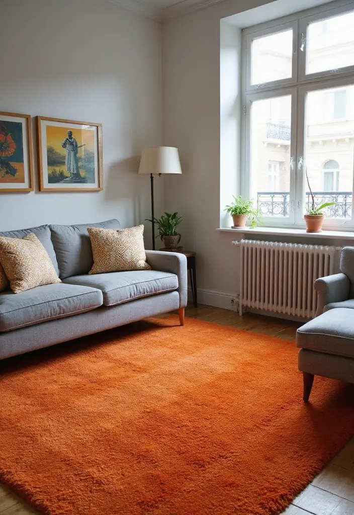 30 Orange and Grey Living Room Decor Ideas - 3. Orange Area Rugs 1