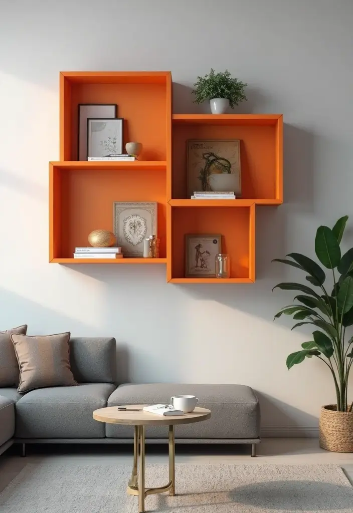 30 Orange and Grey Living Room Decor Ideas - 30. Orange Wall Shelves 1
