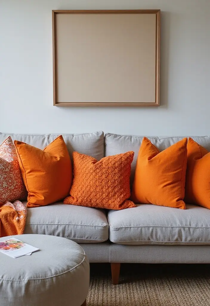 30 Orange and Grey Living Room Decor Ideas - 4. Orange Decorative Pillows 1