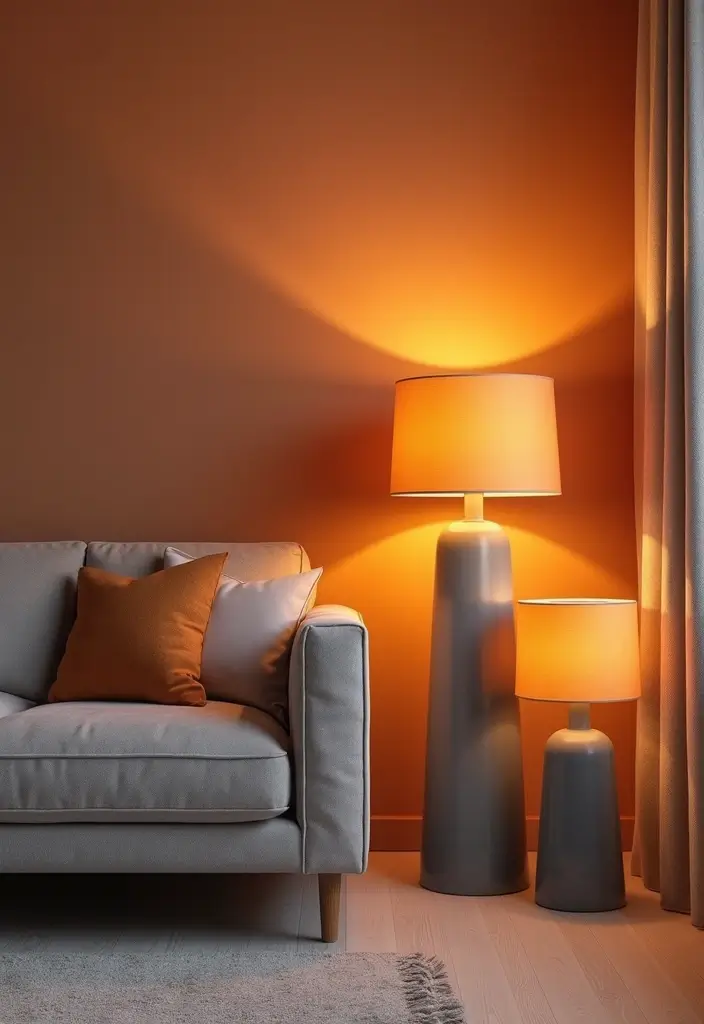 30 Orange and Grey Living Room Decor Ideas - 6. Orange Lampshades 1