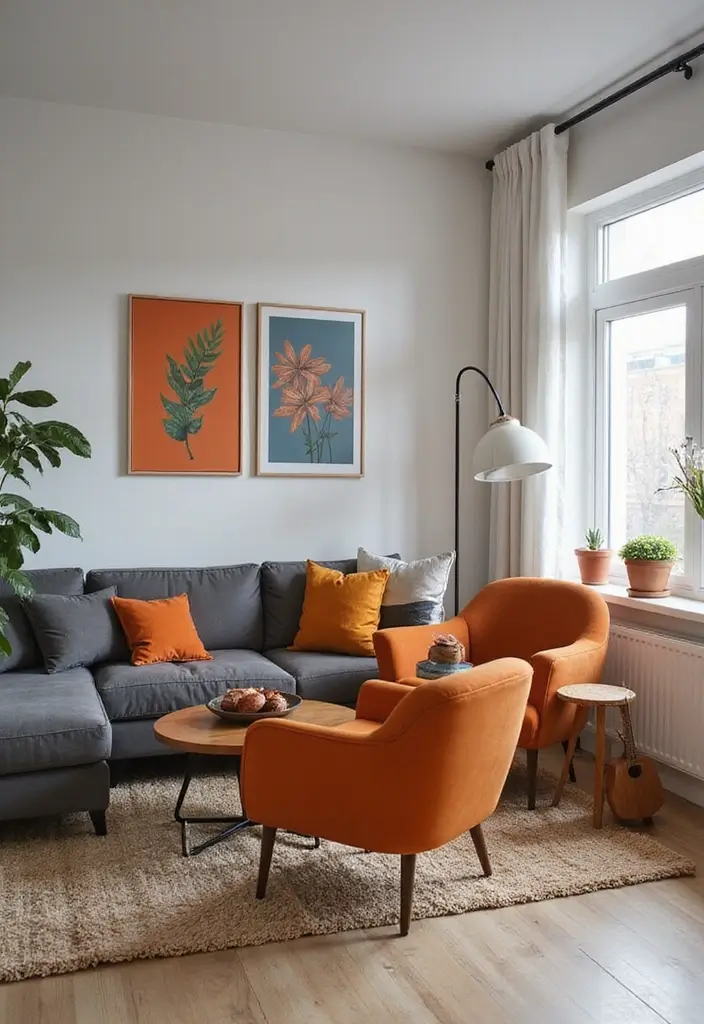 30 Orange and Grey Living Room Decor Ideas - 7. Bold Orange Accent Chairs 1