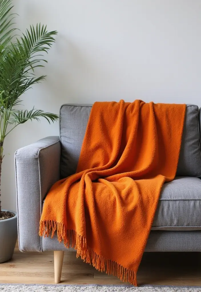 30 Orange and Grey Living Room Decor Ideas - 8. Orange Decorative Throws 1