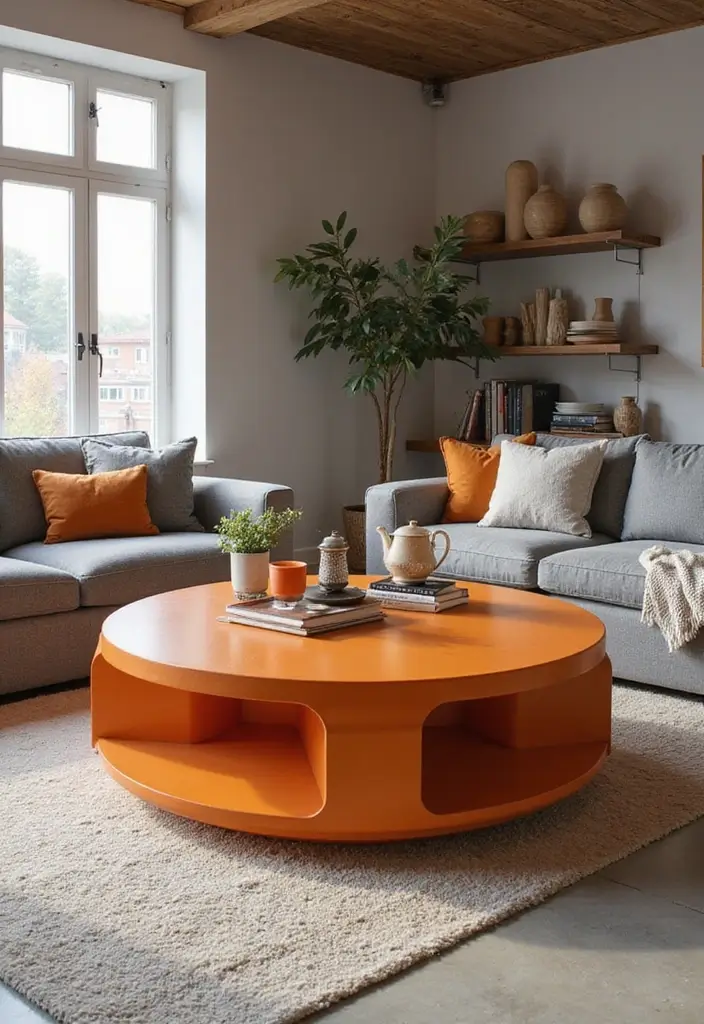 30 Orange and Grey Living Room Decor Ideas - 9. Orange Coffee Tables 1