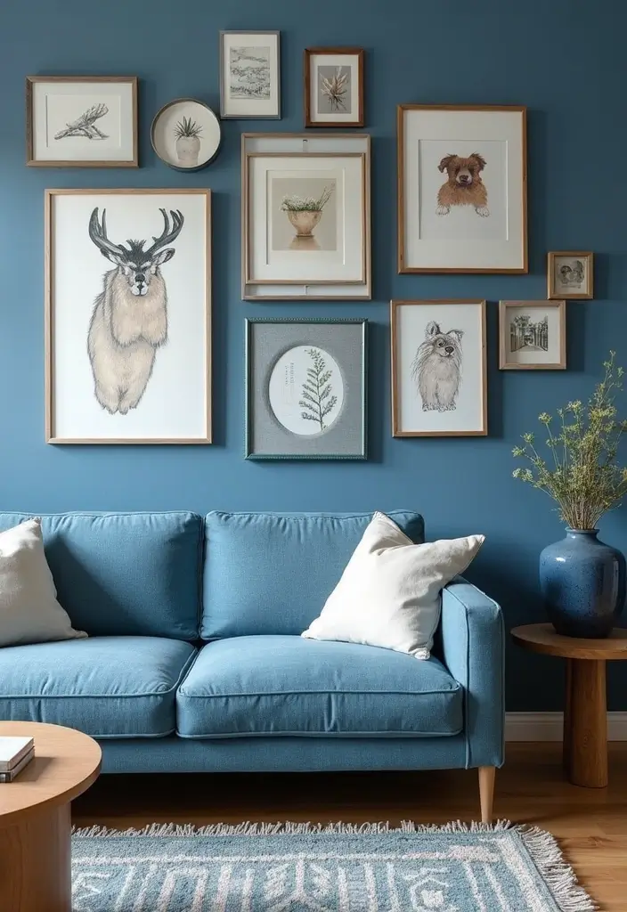 30 Royal Blue Living Room Decor Ideas - 10. Blue-Themed Gallery Wall 1