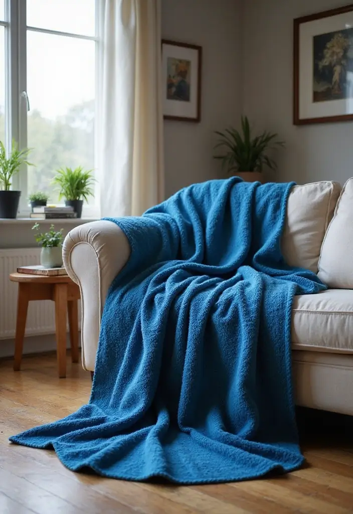 30 Royal Blue Living Room Decor Ideas - 11. Elegant Blue Throw Blankets 1