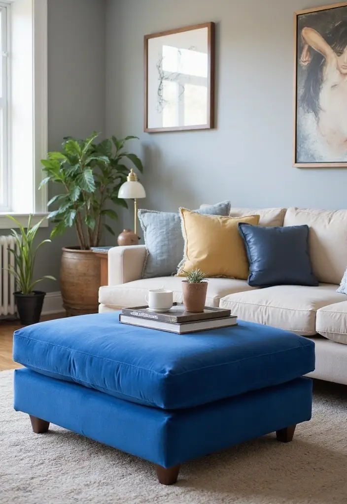 30 Royal Blue Living Room Decor Ideas - 13. Blue-Covered Ottoman 1